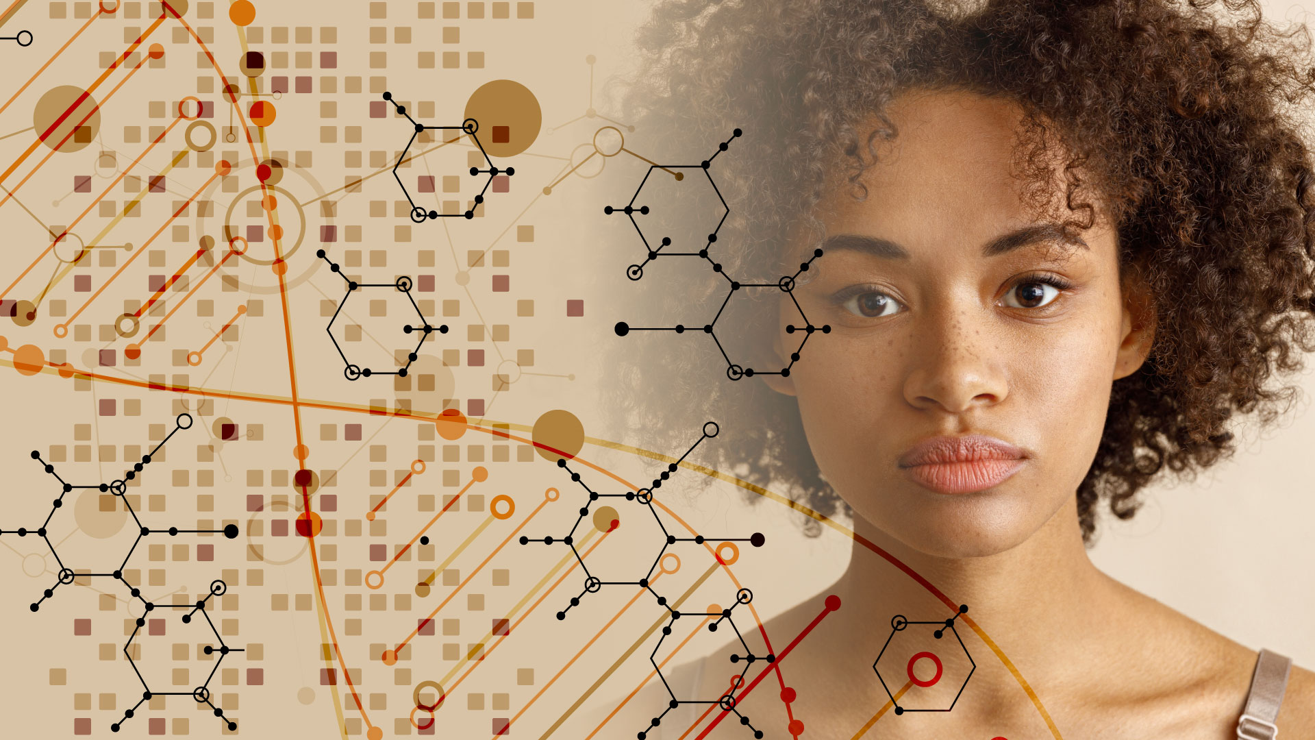 Multi-ethnic woman surrounded by DNA molecules